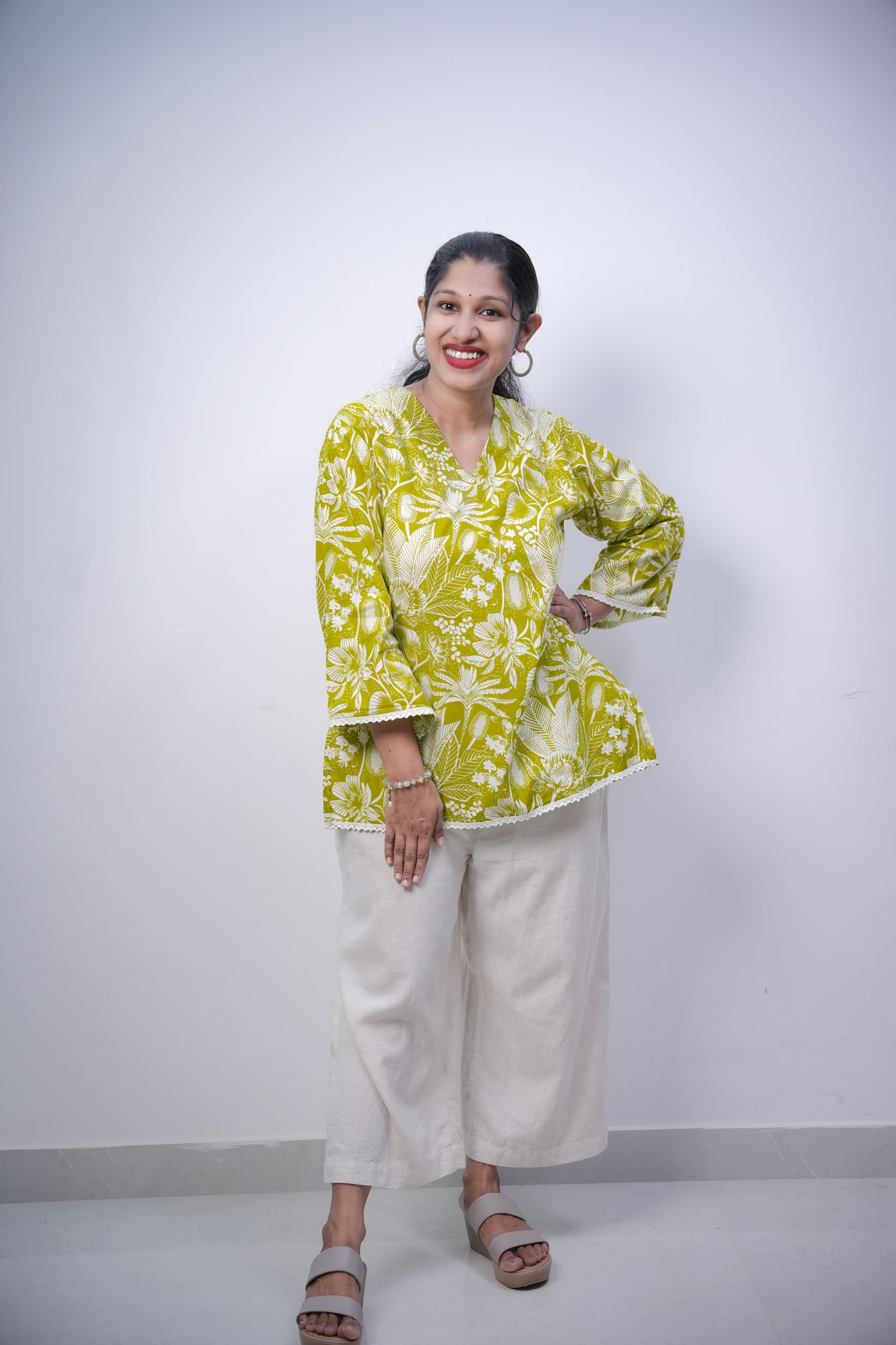 Lime Green Floral Print Cotton Short Kurt